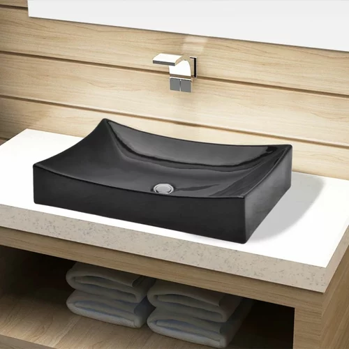 vidaXL Keramički kupaonski umivaonik sa slavinom i otvorom crni pravokutni