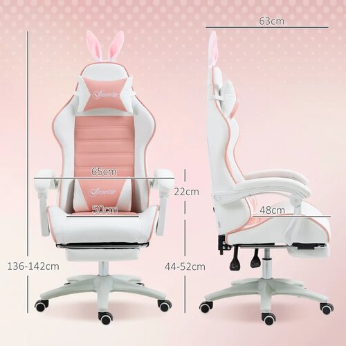  Ergonomska gamerska stolica s lumbalnom potporom osloncem za noge naslonom za glavu s u&amp;scaron;ima zeca roza Slike