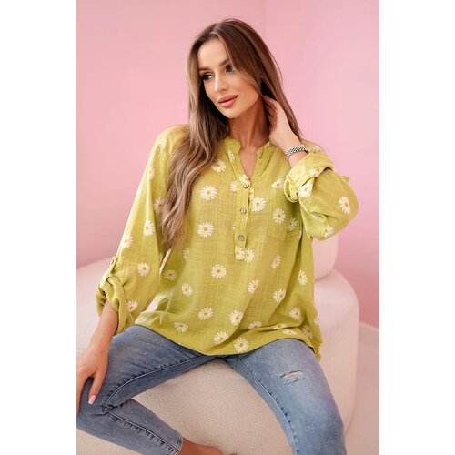 Kesi Włoski Linen Women's Blouse with Floral Pattern, Long Sleeves, and Buttons kiwi Cene