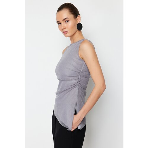 Trendyol Gray Lurex / Silvery Tulle Gathered Regular Zero Sleeve Flexible Knitted Blouse Cene