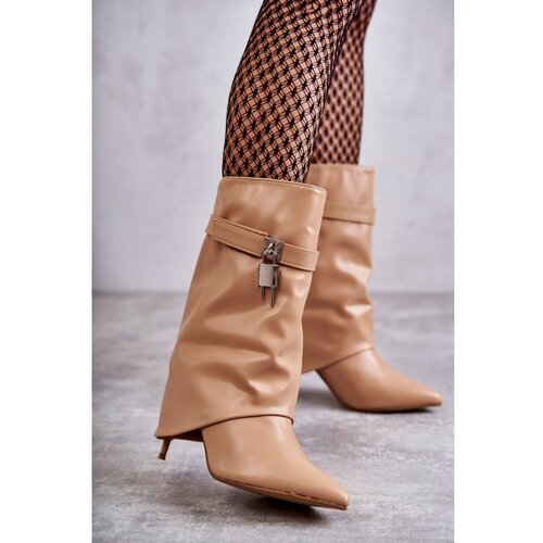 Kesi Leather Slip-On Boots On A High Heel beige Steffi Cene