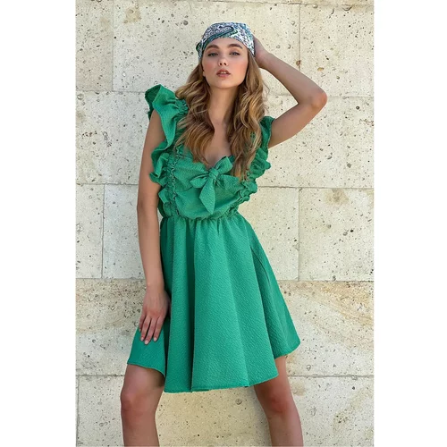 Trend Alaçatı Stili Women's Green Kiss Collar Sleeves Flounce Seekers Woven Dress