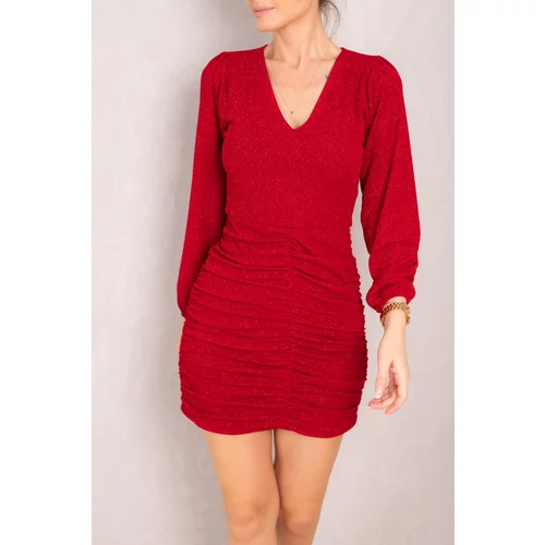 armonika Women's Red Skirt Gather Detailed V-Neck Silvery Mini Dress