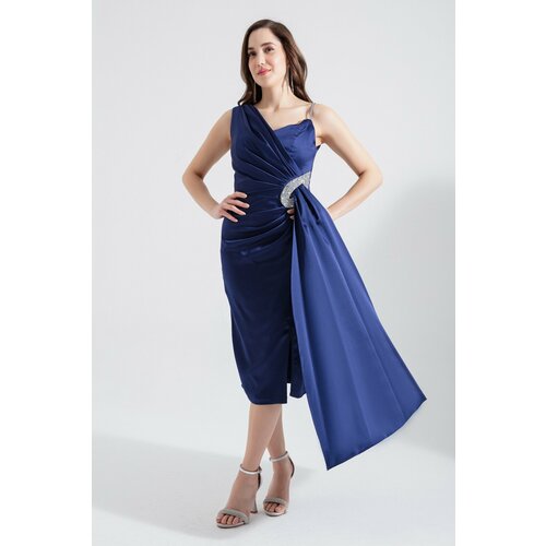 Lafaba Women's Navy Blue One Shoulder Jewelled Midi Evening Dress Slike