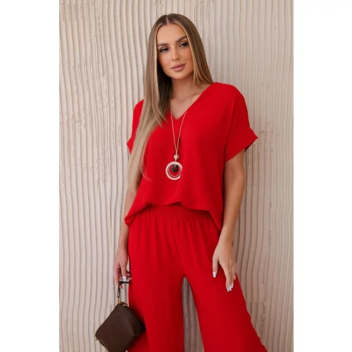 Kesi Women's summer set with necklace, blouse + trousers - red