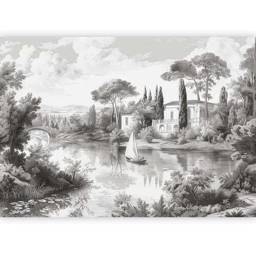  Foto tapeta - Black and White Vintage Landscape Retro View of a Pond with a Boat 450x315 Premium Cene