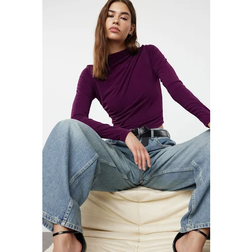 Trendyol Plum Gathered Square Neck Fitted Stretchy Knitted Blouse