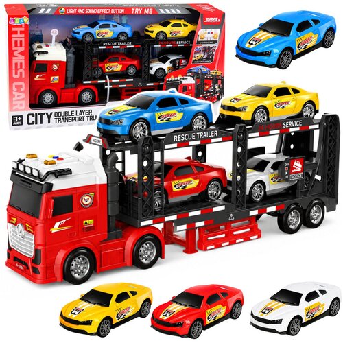  Lora Transporter Tow Truck with 4 Cars Lights Sounds Cene
