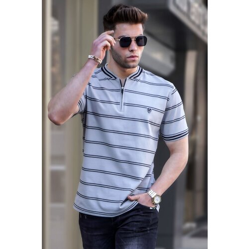 Madmext Men's Painted Gray Striped Polo Neck T-Shirt 5874 Cene