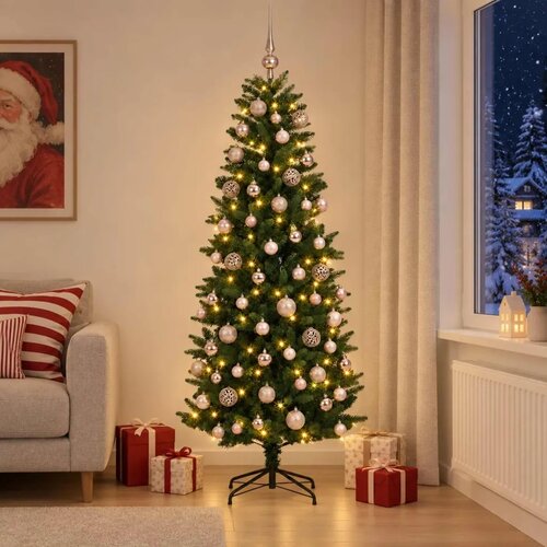  Umjetno božićno drvce s kuglicama 180 cm 300 LED lampica - 180 cm s LED-ima i ružičastim lopticama Zelena Cijene