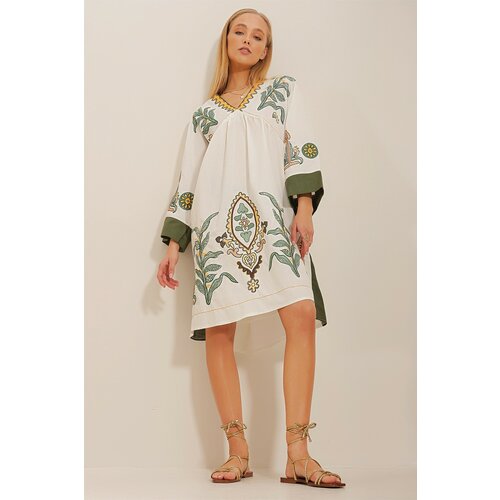 Trend Alaçatı Stili Women's Ecru V-Neck Embroidered Raw Linen Dress Slike