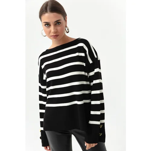 Lafaba Women's Black Bateau Neck Striped Knitwear Sweater