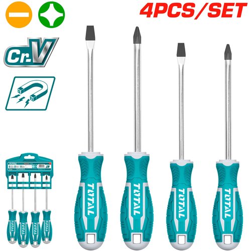 Total 4-dijelni set odvijača, CRV/ SL5.5X100mm/SL6.5X150mm/ PH1X100mm/ PH2X150mm (THT250604) Slike