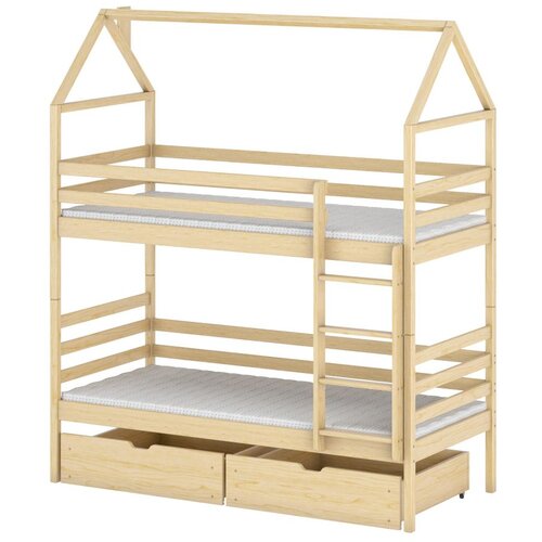 Molarem Home Drveni dječji krevet na kat Alex s ladicom - svijetlo drvo - 180x80 cm - Madrac PE pjena 8 cm-spužvasti madrac Slike