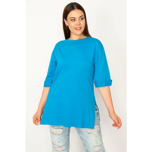 Şans Women's Plus Size Blue Double Sleeve Side Slit Blouse