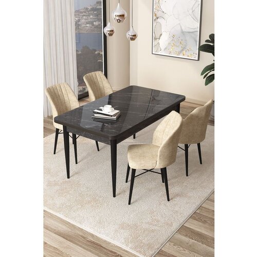Hanah home Arp - Black Marble, Cream Black MarbleCream Dining Table & Chairs Set (5 Pieces) Cene