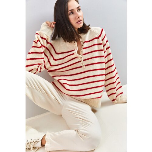 Bianco Lucci Women&amp;#039;s Button-down Collar Turtleneck Striped Knitwear Sweater Slike