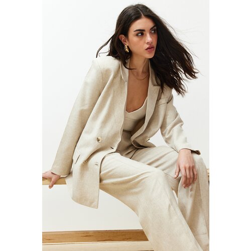 Trendyol Beige Double Breasted Closure Cotton Linen Woven Blazer Jacket Slike