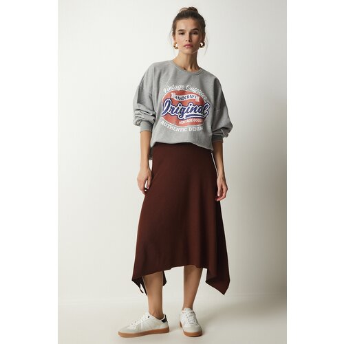 Happiness İstanbul Women's Brown Asymmetrical Cut Corduroy Knitted Skirt Slike