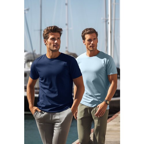 Trendyol Navy Blue-Blue Men's Basic Slim Fit 100% Cotton 2-Pack Short Sleeved T-Shirt Slike