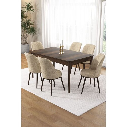 Hanah home trpezarijski set Pir, sto i 6 stolica, ploča u dekoru drveta Baroque, krem tkanina Babyface Cene
