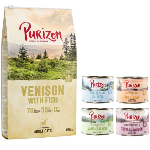 Purizon suha hrana 6,5 kg + mokra hrana Mix 6 x 200 g gratis! - Adult jelen i riba – bez žitarica