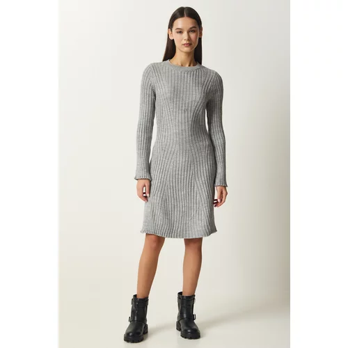 Happiness İstanbul Women's Gray Corded A-Line Knitwear Dress