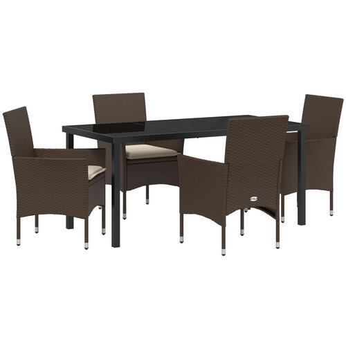 VidaXL 5-delni vrtni jedilni set z blazinami Rjav Poli ratan, vrtna miza Črna 160x80x73 cm kaljeno steklo Slike
