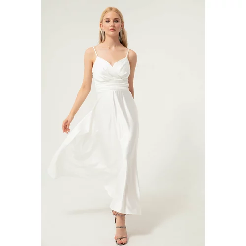 Lafaba Women's White Satin Midi Evening Dress &; Prom Dress with Rope Straps and Waist Belt