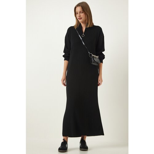  Women&amp;#039;s Black Zipper Collar Ribbed Long Knitwear Dress Slike
