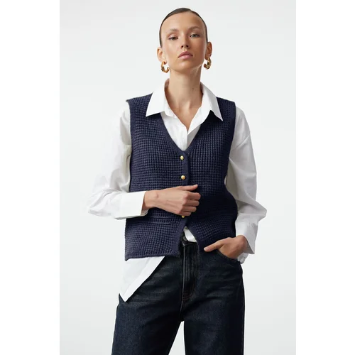 Trendyol Navy Blue Regular Soft Texture Buttoned V Neck Regular Vest