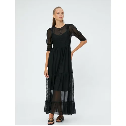 Koton A-Line Dress Long Transparent Detailed Embroidered Balloon Sleeve