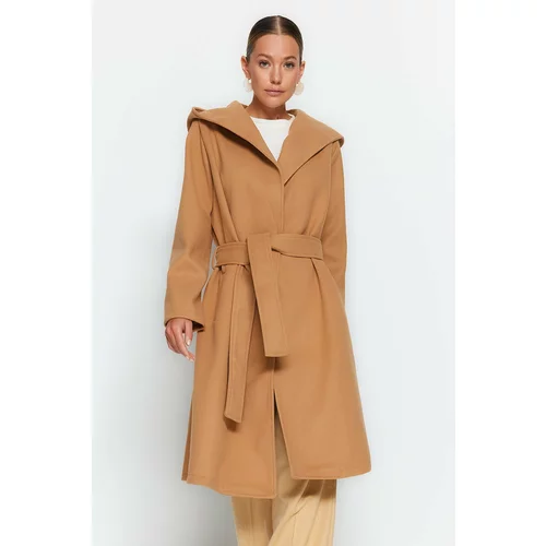 Trendyol Camel Oversize Wide-Cut Standard Size Hooded, Belted Long Stamped Coat