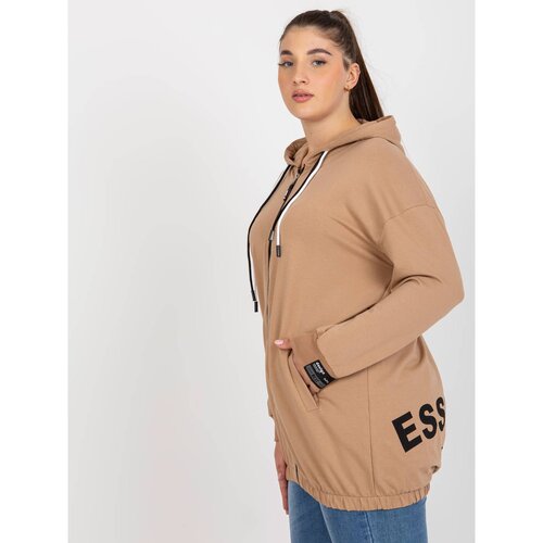 Fashion Hunters Plus size camel zip sweatshirt with text on the back Slike