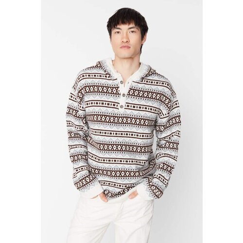 Trendyol Beige Men's Oversize Fit Oversized Hooded Jacquard Knitwear Sweater Cene