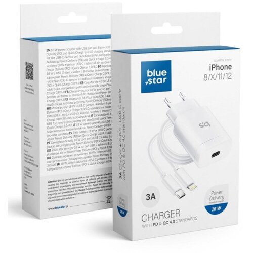 Mobiline.si hi&amp;scaron;ni / zidni polnilec bluestar 3A - hitri polnilec 1xUSB type-c pd&amp;amp;qc 4.0 + podatkovni / polnilni kabel apple lightning - beli Slike