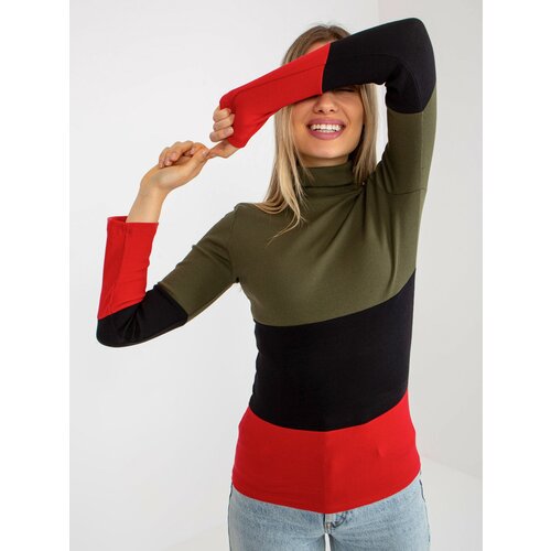 Fashion Hunters Khaki-red women's basic blouse with ribbed turtleneck Slike