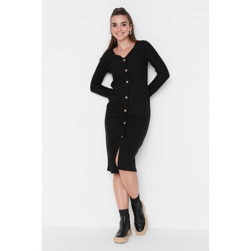 Trendyol Black V-Neck Button Midi Knitted Dress Slike
