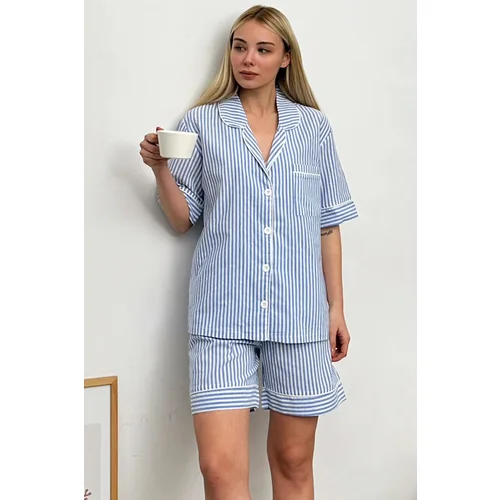 Trend Alaçatı Stili Women's Blue Striped Connector Shorts Pajamas Suit