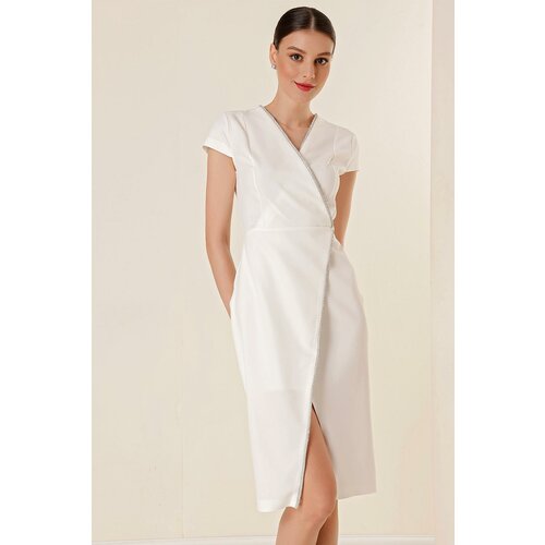 By Saygı Double-breasted Collar Half Moon Sleeves Stone Detailed Dress with a Slit in the Front. Slike