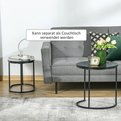  Set od 2 stolića za kavu ovalni i okrugli složivi ​​mramorni izgled MDF metal &amp;Oslash;50 x 50 5V cm crni Slike