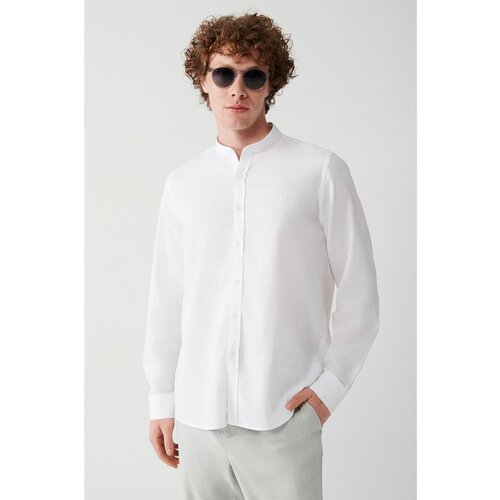 Avva Men's White Large Collar Linen Blended Regular Fit Shirt Slike