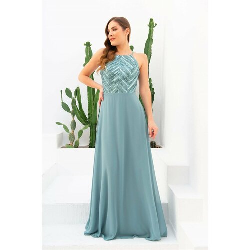 Carmen Sequined Long Evening Dress with Lace Straps. Slike