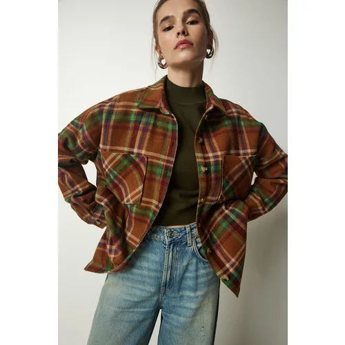 Happiness İstanbul Women's Biscuit Green Patterned Oversize Cachet Lumberjack Shirt