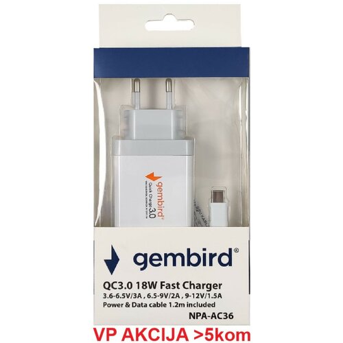 Gembird NPA-AC36 ** QC3.0 brzi punjač +Type C USB kabl,18W 3.6-6.5V/3A, 6.5V-9V/2A, 9V-12V/1.5A(351) Cene