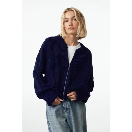 Trendyol Navy Blue Bomber Collar Zippered Knitwear Cardigan