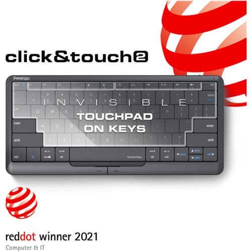 Prestigio Click&amp;Touch 2, wireless multimedia smart keyboard with touchpad embedded into keys, auto-switch between keyboard and touchpad modes, touch multimedia sliders, left and right physical "mouse" buttons, connects up to 4 devices via Bluetooth and Type-C, Clevetura App. KB layout: ENG, color: space grey Cijene