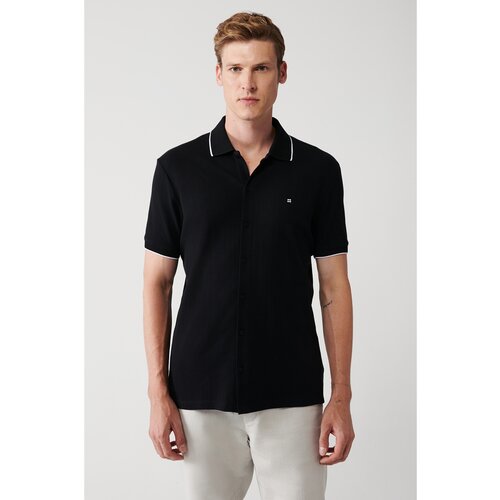 Avva Men's Black 100% Cotton Ribbed Jacquard Short Sleeve Knitted Standard Fit Regular Cut Shirt Cene