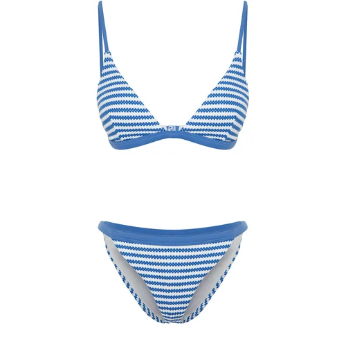 Trendyol White-Blue Striped Triangle Textured Bikini Set