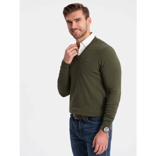Ombre Men's sweater with v-neck with shirt collar - dark olive
